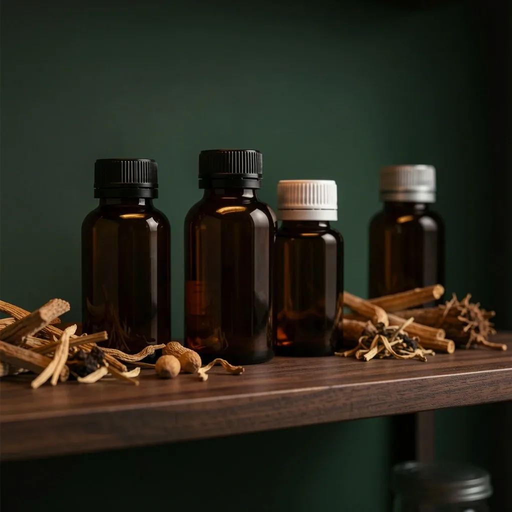 Botanical supplement bottles and dried roots on a dark shelf