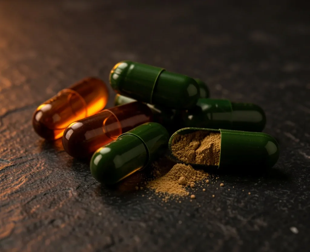 Natural supplement capsules on a dark surface
