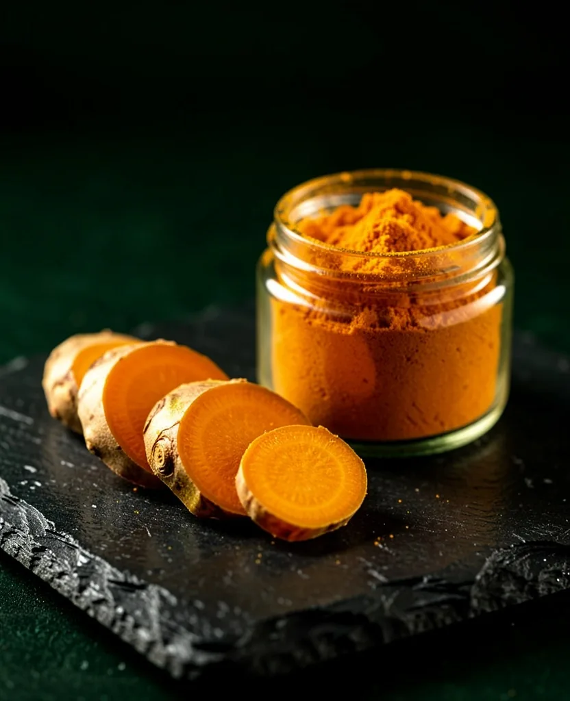 Fresh turmeric root and supplement powder on stone