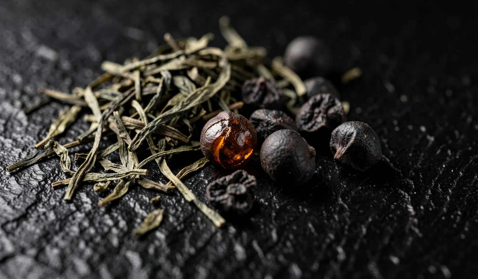 Green tea leaves and guarana seeds on stone