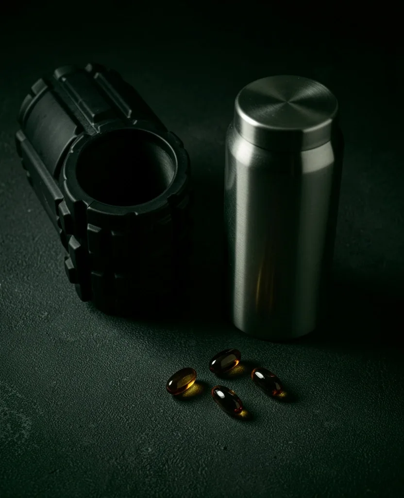 Healthy lifestyle products arranged on a dark surface