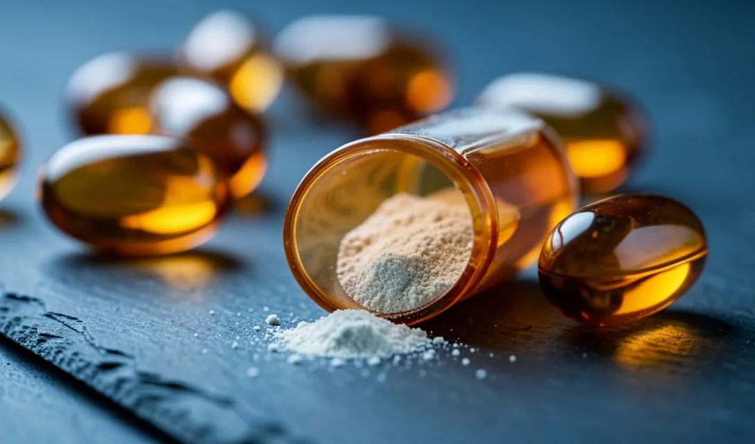 Amber glass supplement capsules on a dark slate surface with one capsule split open