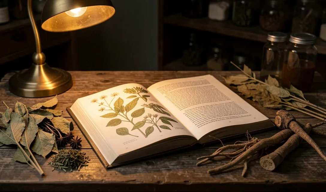 Open botanical reference book with dried medicinal plant specimens