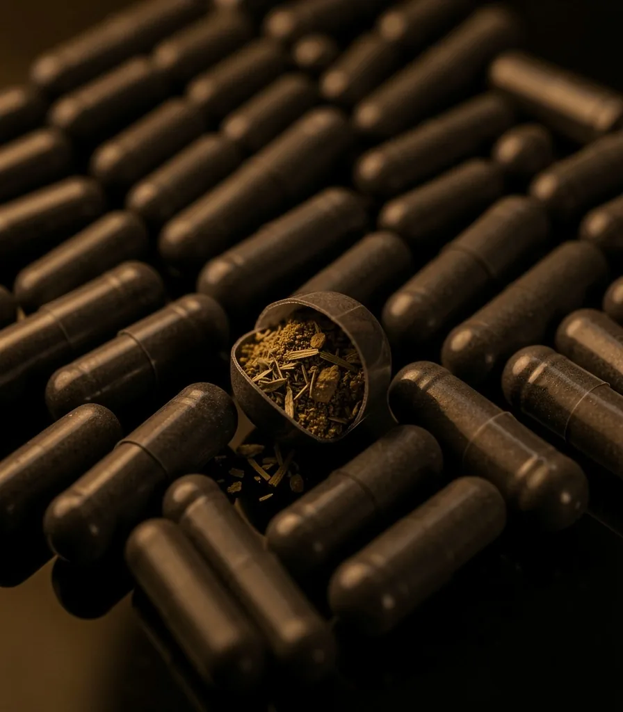 Dark supplement capsules arranged on a glass surface