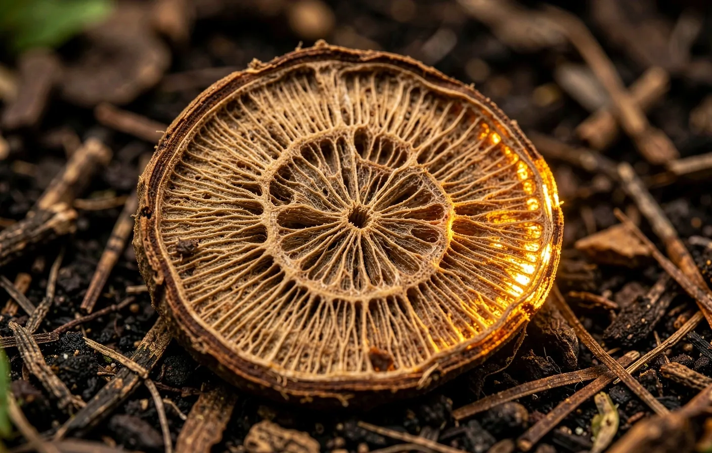 Macro view of a dried botanical root cross-section on dark soil