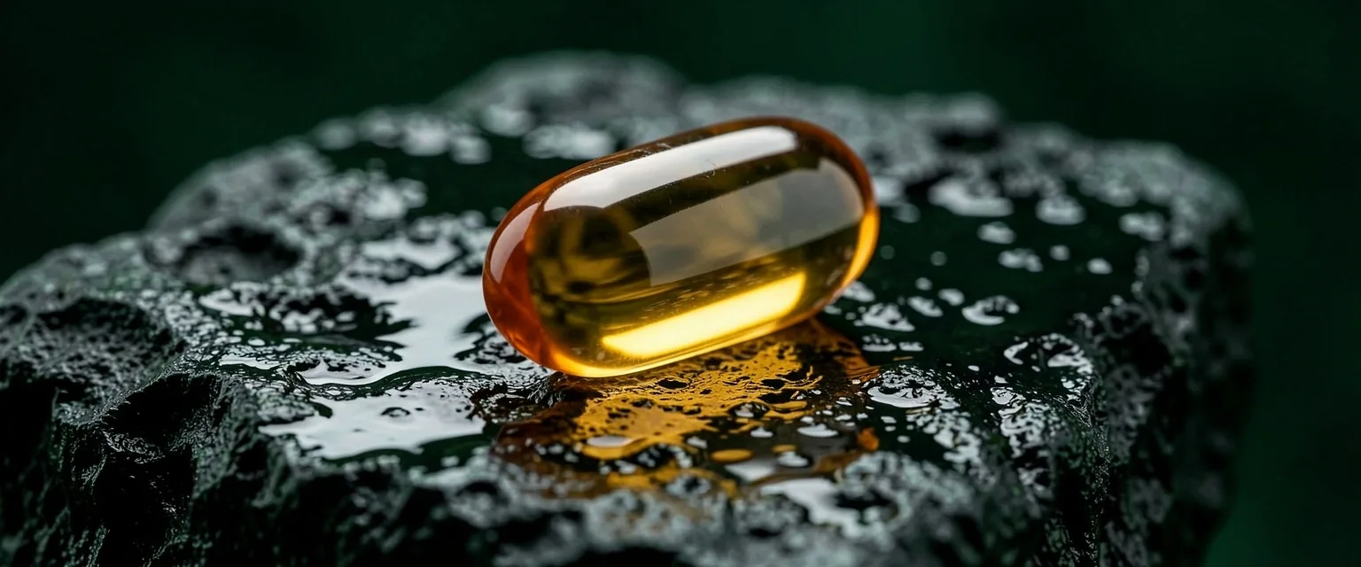 Supplement capsule on dark reflective surface